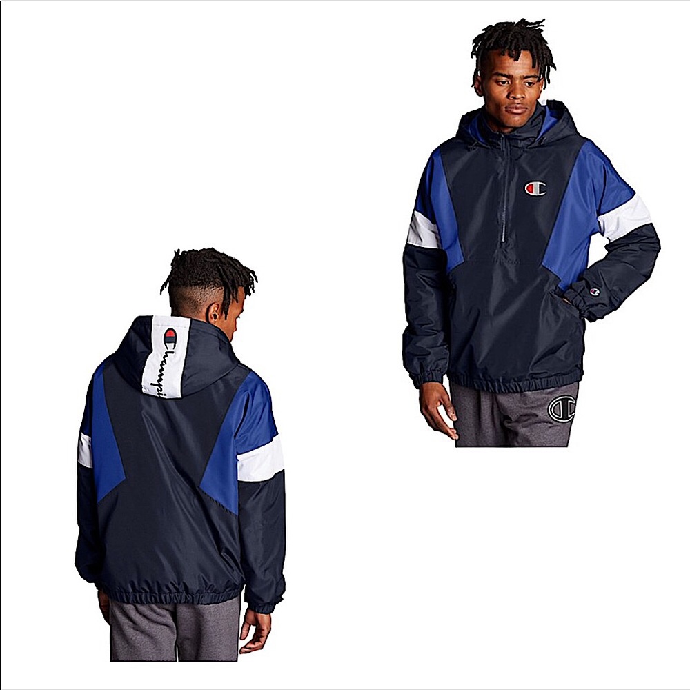 Champion Men’s Anorak Half-Zip Blue and Black, Medium, Water and Wind Resistant